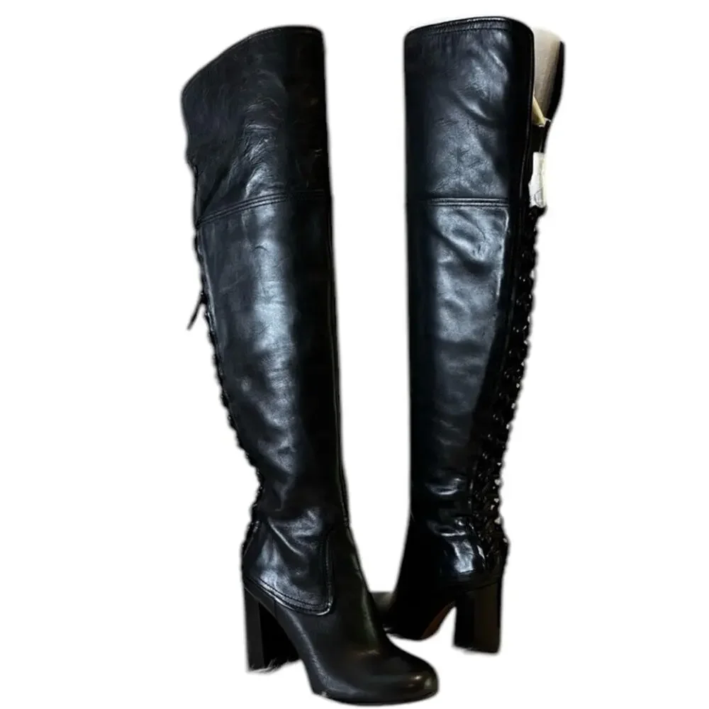 NEW Vince Camuto Corset Calf Leather Laced Tolla Over The Knee Boots Black Sz 6